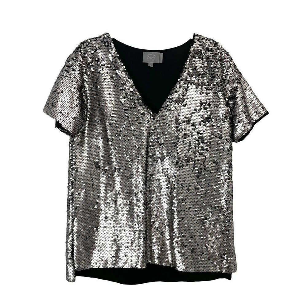 Anthropologie Vanessa Virginia Silver Sequin Top blouse Size XS party chic